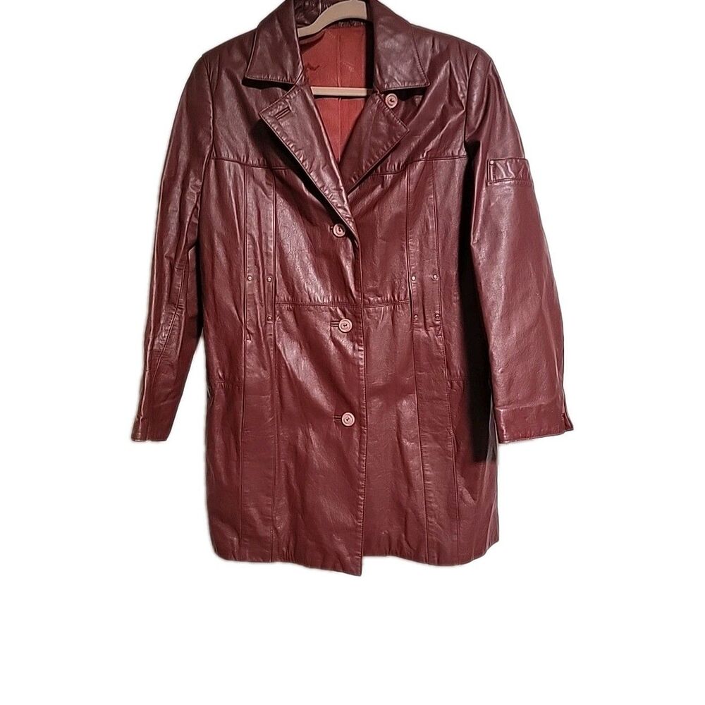 Etienne Aigner Women's Red Burgundy Leather Blazer Jacket Sz L Made In Hong Kong